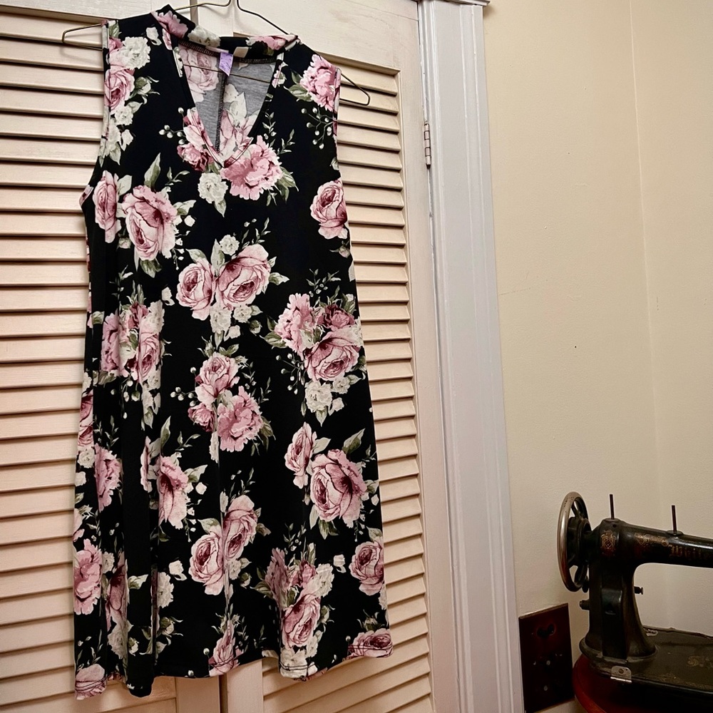 Floral Pink Rose & Black Dress